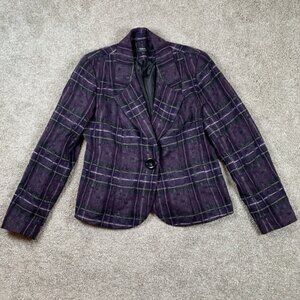 TRIBAL Purple Plaid One Button Blazer Short Jacket Wool‎ Blend Women's Size 6